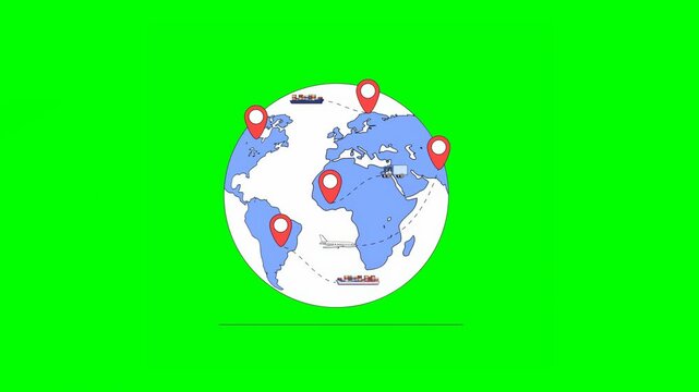 2D Illustration of Illustrated Spinning Globe Map Displaying Global Shipping Routes Connecting Different Locations Across Continents by Cargo, Planes and Trucks With Location PINs on Green Background