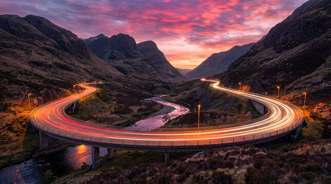 Long exposure photograph of car light trails on a winding road through Glencoe valley at dusk.