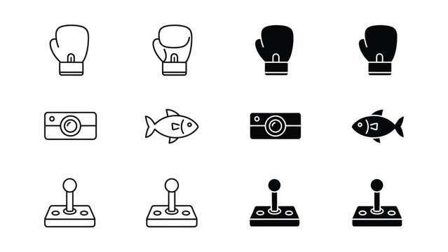Iconic symbols of classic arcade game controllers and boxing fishing games