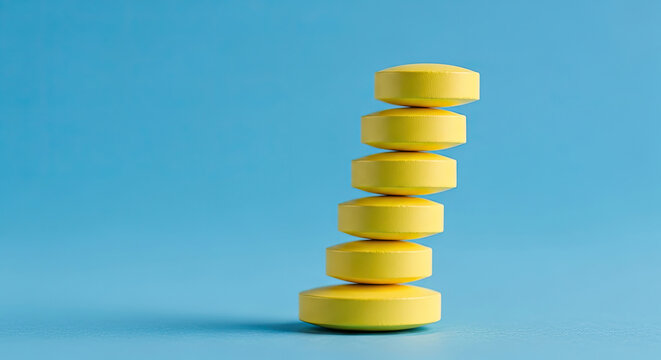 A stack of yellow pills on a blue background for medical or health concepts