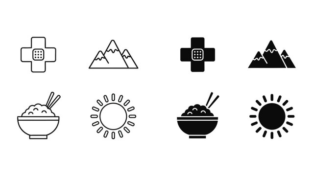 Contrast pairs of icons depicting first aid, nature, food, and weather elements