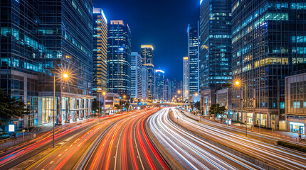 Lively city street at night captured with long exposure, showcasing dynamic car light trails between modern skyscrapers. © Jacqueline