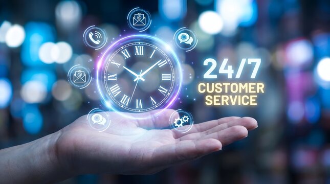 A hand holding a glowing clock with 24/7 customer service icons floating around it