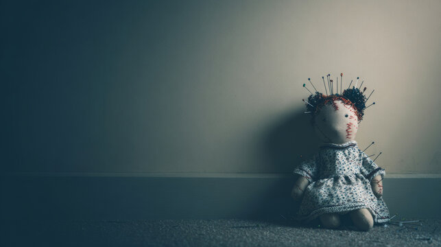 Voodoo doll impaled with pins sitting on floor, casting shadow against wall in dark room, symbolizing curses and dark magic