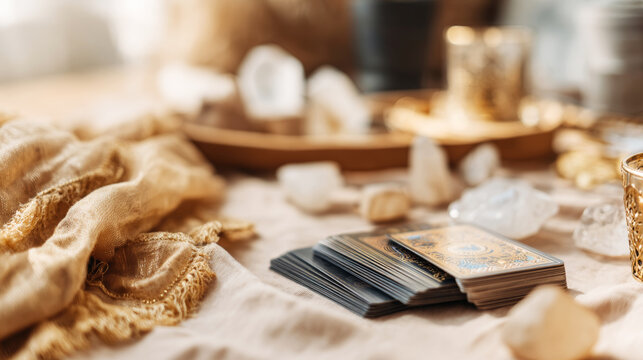 Tarot cards and clear quartz crystals are resting on draped beige fabric, creating a mystical and calm prophetic scene