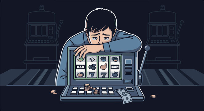 Sad person with head down on slot machine with few coins