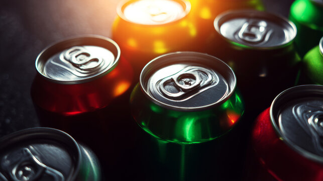Assorted colorful aluminum cans showing tops and pull tabs, illuminated by bright light, representing recycling and modern packaging