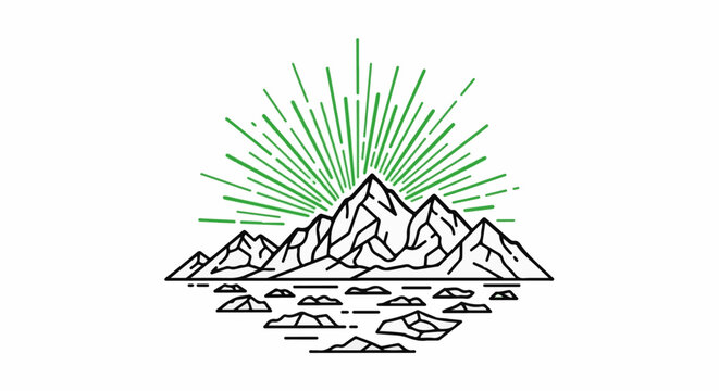 Stylized mountain range with green rays bursting from the highest peak