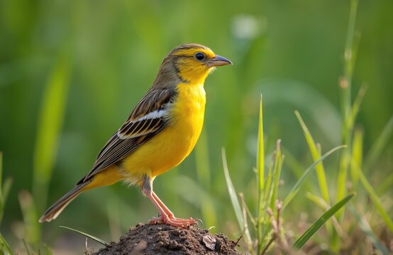Male yellowhammer bird stands on dirt mound with green grass background. Small songbird has bright yellow plumage and brown striped wings. Wildlife detail.