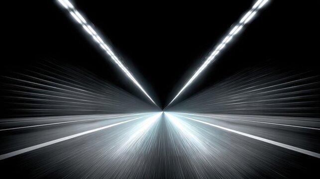 Abstract motion blur of a dark tunnel with bright lights and road lines converging