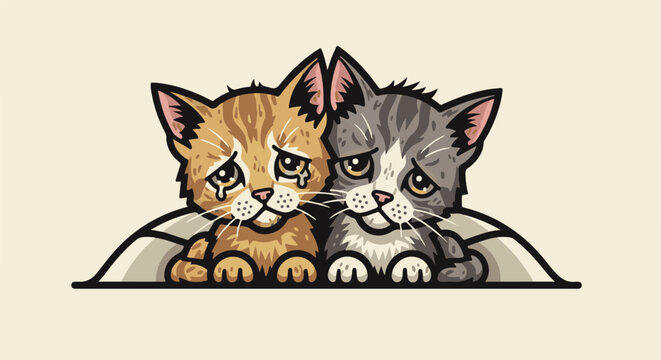 Two sad kittens with tears in their eyes, one orange and one grey tabby
