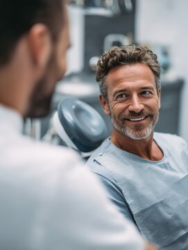 Smiling Mature Patient at Dental Clinic During Checkup