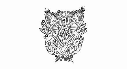 Fototapeta premium An intricate black and white design featuring a stylized owl with tools, gears, and leaves