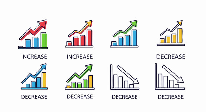 Collection of bar graph icons showing financial increase and decrease trends