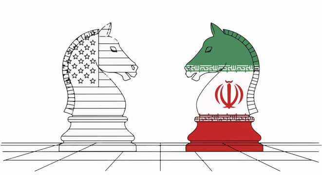 Chess knights, one US flag, one Iranian flag, on board