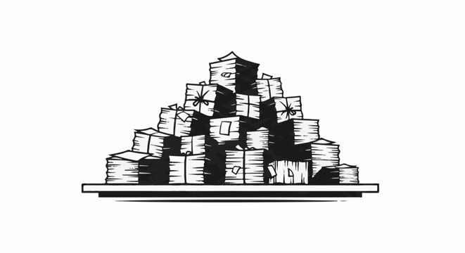 A large pyramid of stacked paper parcels tied with string sits on a flat base