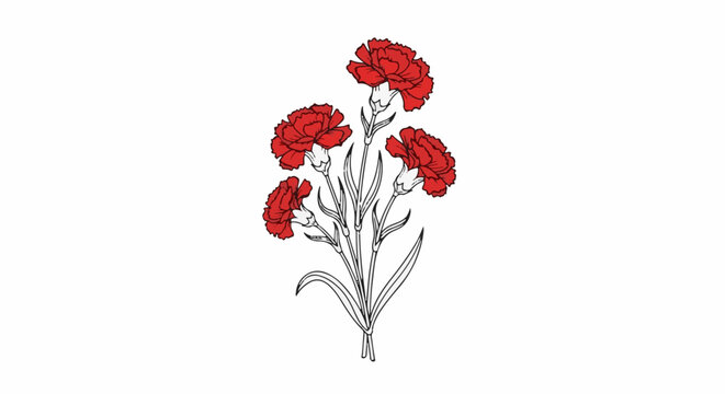 A stylized bunch of five red carnations with thin green stems and leaves