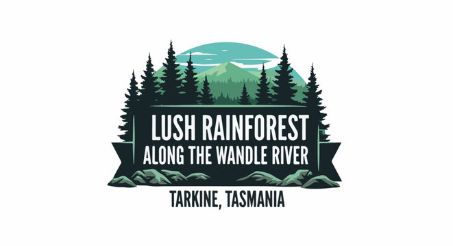 Stylized logo depicts a lush forest, mountains, and river