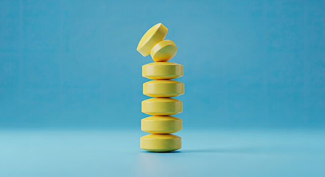A stack of yellow pills on a blue background