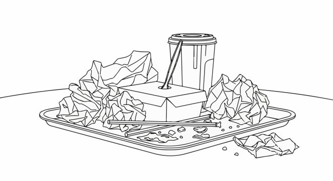 A discarded fast-food tray with crumpled wrappers and a drink cup