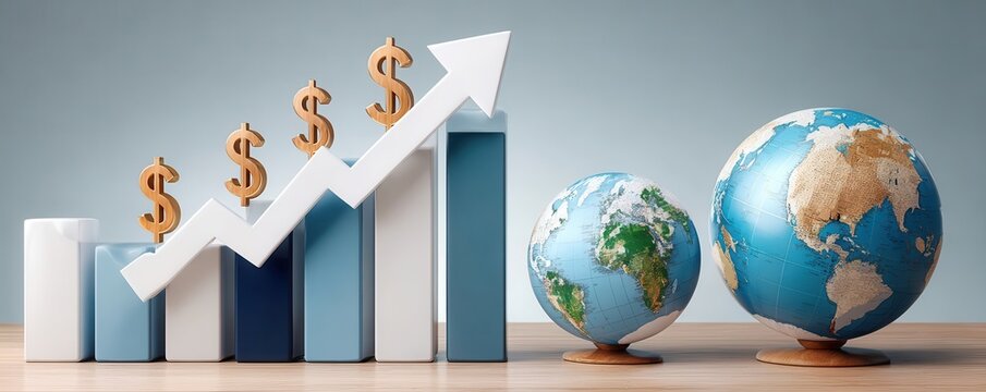 Blue bar graph with rising arrow and dollar signs showing global economic growth and market expansion