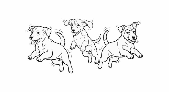 Three playful puppies are captured in mid-air, leaping with joy