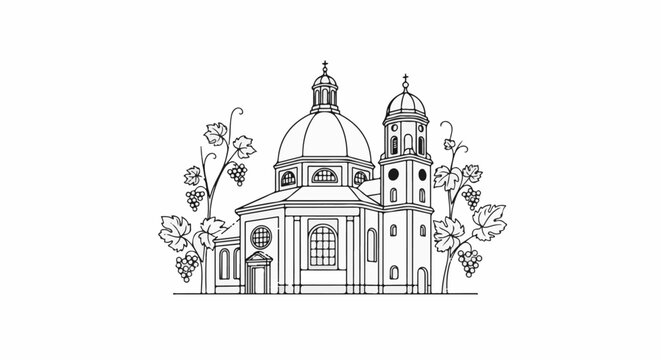 A monochrome line drawing of a dome-topped church with a bell tower and surrounding grapevines