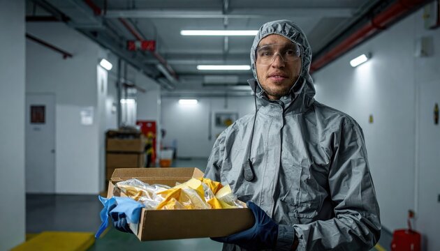 A soldier in protective gear demonstrating proper hazardous material packaging techniques within a secure military or industrial facility, showing the importance of safety protocols.