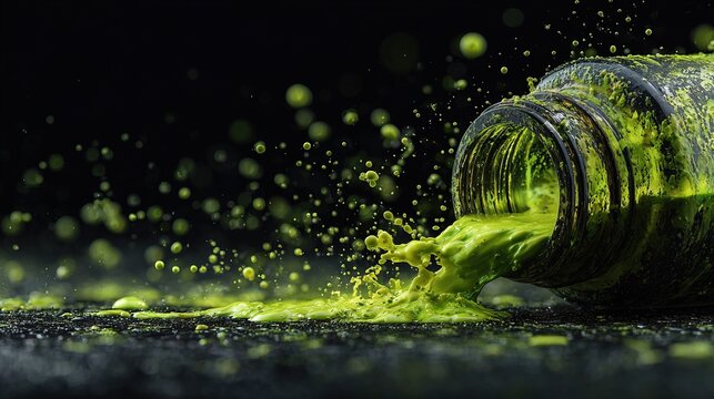 Dynamic Vibrant Green Liquid Paint Splash Spill from Overturned Bottle on Dark Background