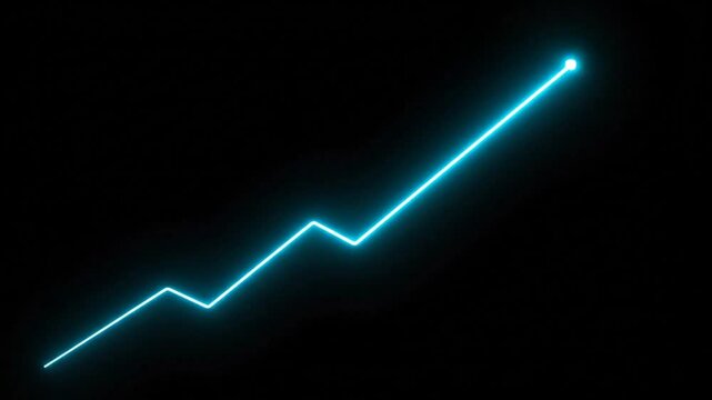 Bright neon blue line chart with an upward arrow showing market growth on a black background