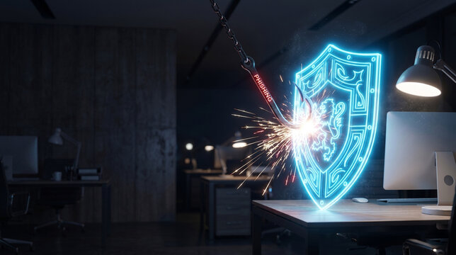 Cyber security shield blocking metal hooks from server.