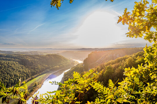 Scenic view over river valley in Saxon Switzerland Germany