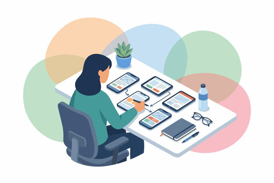 Female UI UX Designer Mapping App Interface on Multiple Devices