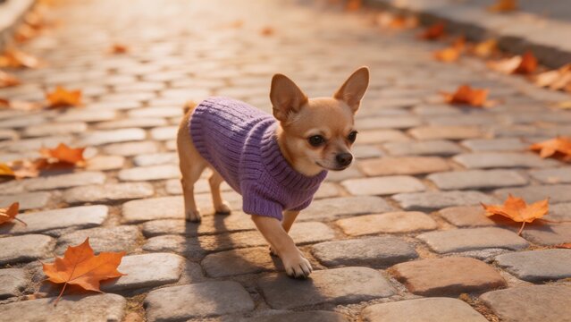 Small dog in purple sweater on cobblestone path