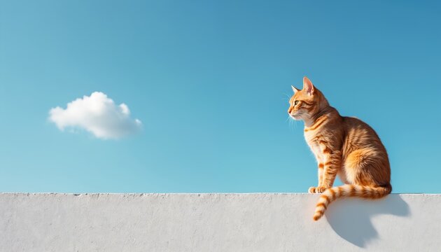 Ginger cat sits on white wall against vibrant blue sky. Single white cloud drifts by. Animal enjoys clear day and warm sunshine. Pet looks observant.