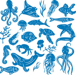 Sea life creatures set with octopus whale and fish for print, vector illustration © Natalia