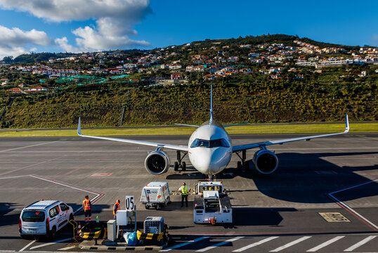 Airplanes at Funchal Airport. Tourism on Portugal's Madeira Island