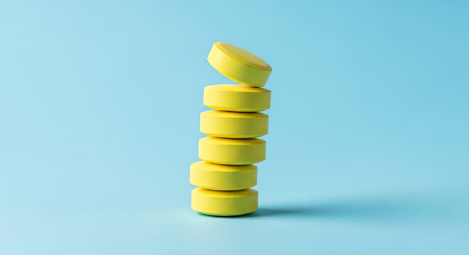 A stack of yellow pills on a blue background