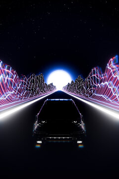 3D vaporwave retro car driving on glowing neon grid road at night