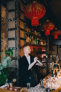 Bartender mixing cocktail with shaker at Japanese style bar