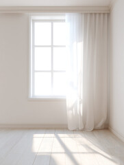 Fototapeta premium Bright Minimalist Empty Room With White Curtains and Natural Sunlight Through Window
