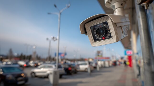 Daytime Close Up Modern Outdoor Surveillance CCTV Camera Monitoring Public Area Security System