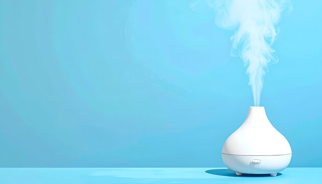 Modern White Essential Oil Diffuser Emitting Steam on a Blue Background.