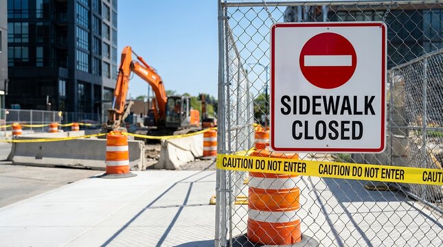 A sidewalk is closed for construction with caution tape traffic cones concrete barriers and an excavator visible in the urban setting sidewalk closed safety work zone development