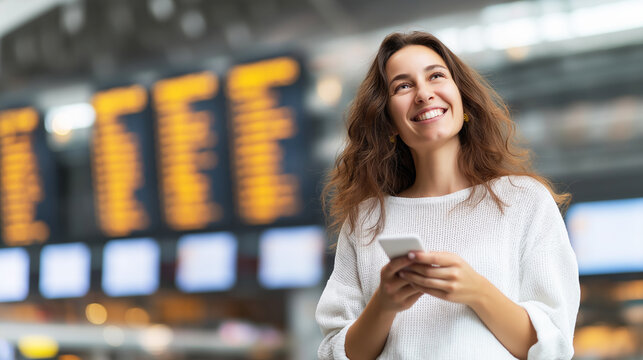 Young woman smiling, standing in an airport terminal, holding a smartphone, and looking up at a departure board