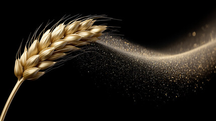 Fototapeta premium Golden wheat ear grain agriculture harvest food rural organic natural black background high fidelity shimmering particles