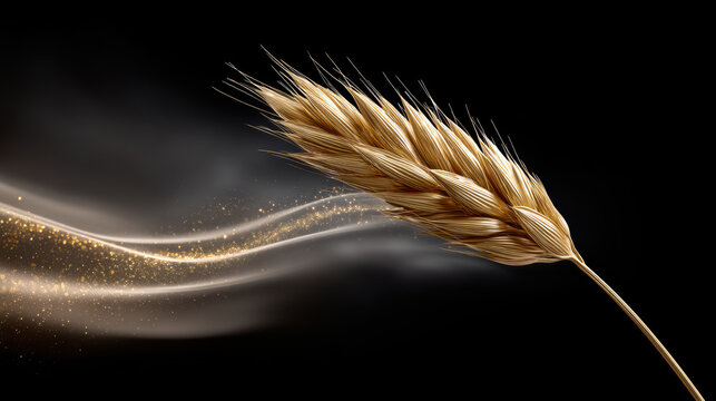 Golden wheat ear high fidelity detailed single stalk black background glowing dust elegant agricultural nature closeup