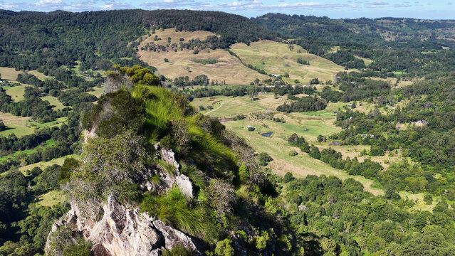 Aerial View of Lush Green Nimbin Rocks Overlooking Australian Countryside Landscape