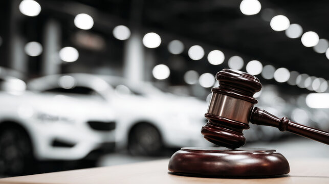 Wooden gavel on table, luxury car showroom blurring behind, symbolizing auto auction, vehicle deal and legal sale