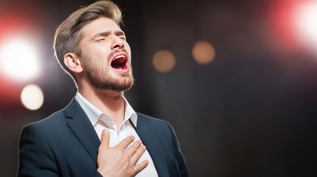 Male opera singer performing with passion and emotion on stage, expressing dramatic vocal powerful talent